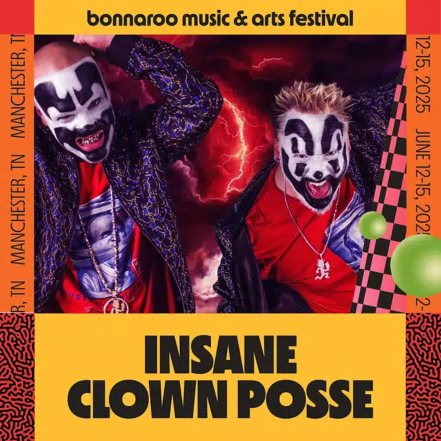 Insane Clown Posse duo posing with their logo, ICP, displayed prominently.