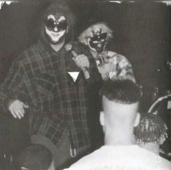 Early face paint designs of Violent J and Shaggy 2 Dope from the 1990s, showcasing ICP’s bold black-and-white clown makeup.