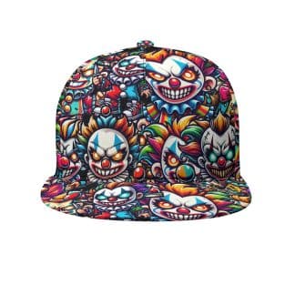 Close-Up of Vibrant Little Evil Clowns Pattern on All-Over Print Hat