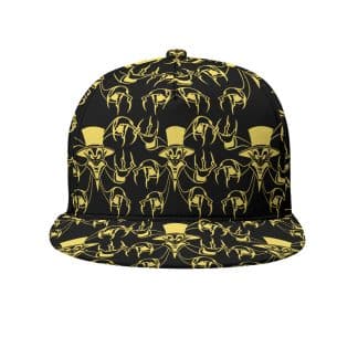 Close-Up of Black and Gold Logo on Flat Brim Hat for Unique Fashion Statement