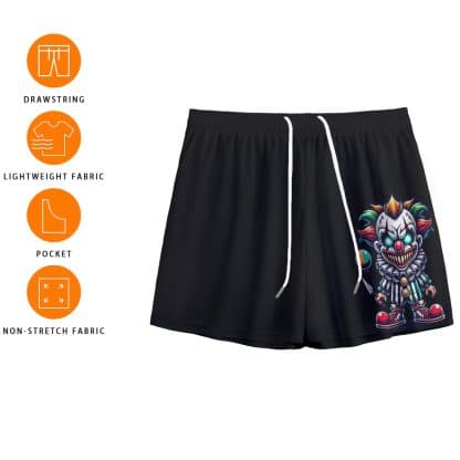 Men’s Black Mesh Shorts with Glowing-Eyed Evil Clown Design