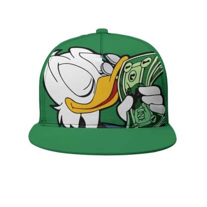 Close-Up of Duck Money Pattern on Flat Brim Hat for Streetwear Fashion