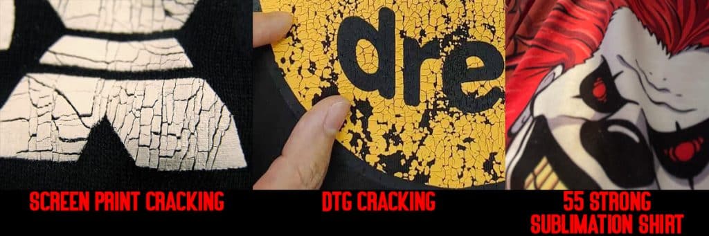 Comparison of screen printing, direct-to-garment (DTG), and sublimation T-shirt printing. The image shows cracked screen printing, DTG cracking and falling apart, and a high-quality sublimation-printed Dark Carnival T-shirt from 55 Strong, showcasing superior durability and vibrant colors.